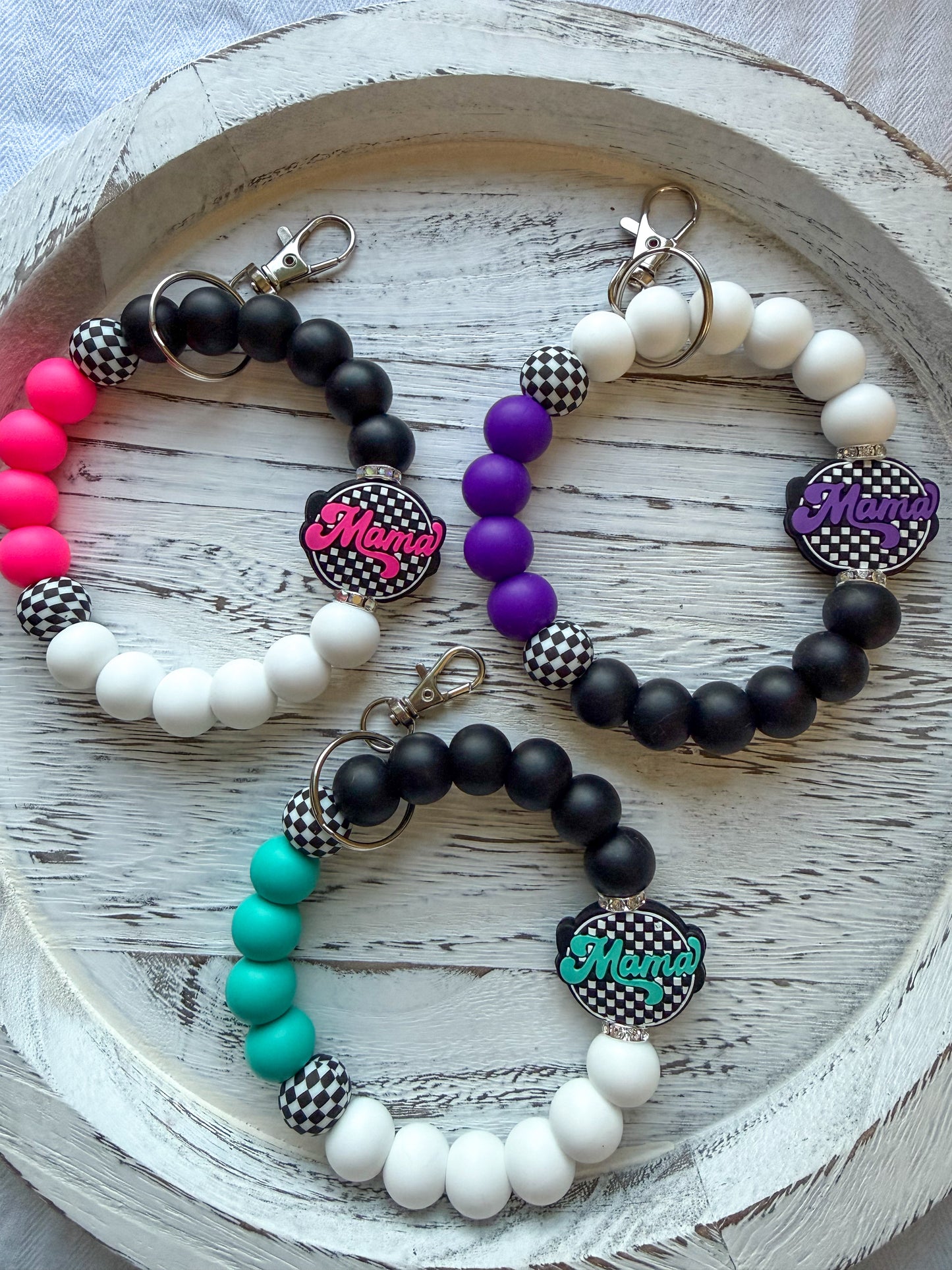 Checkered Mama Wristlet (Silicone Beaded Keychain Bracelet)