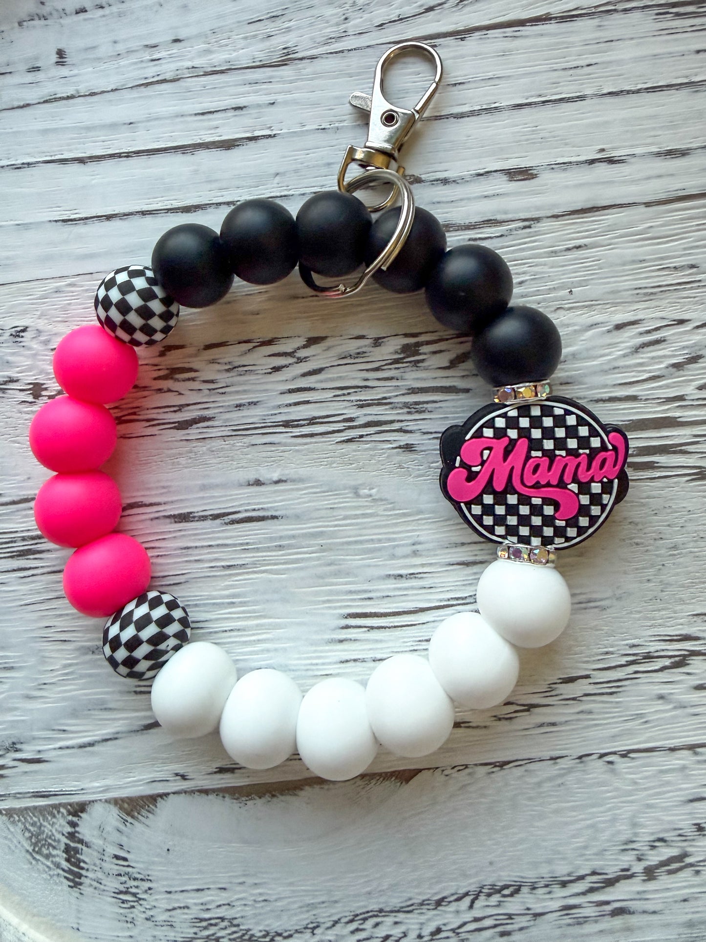 Checkered Mama Wristlet (Silicone Beaded Keychain Bracelet)