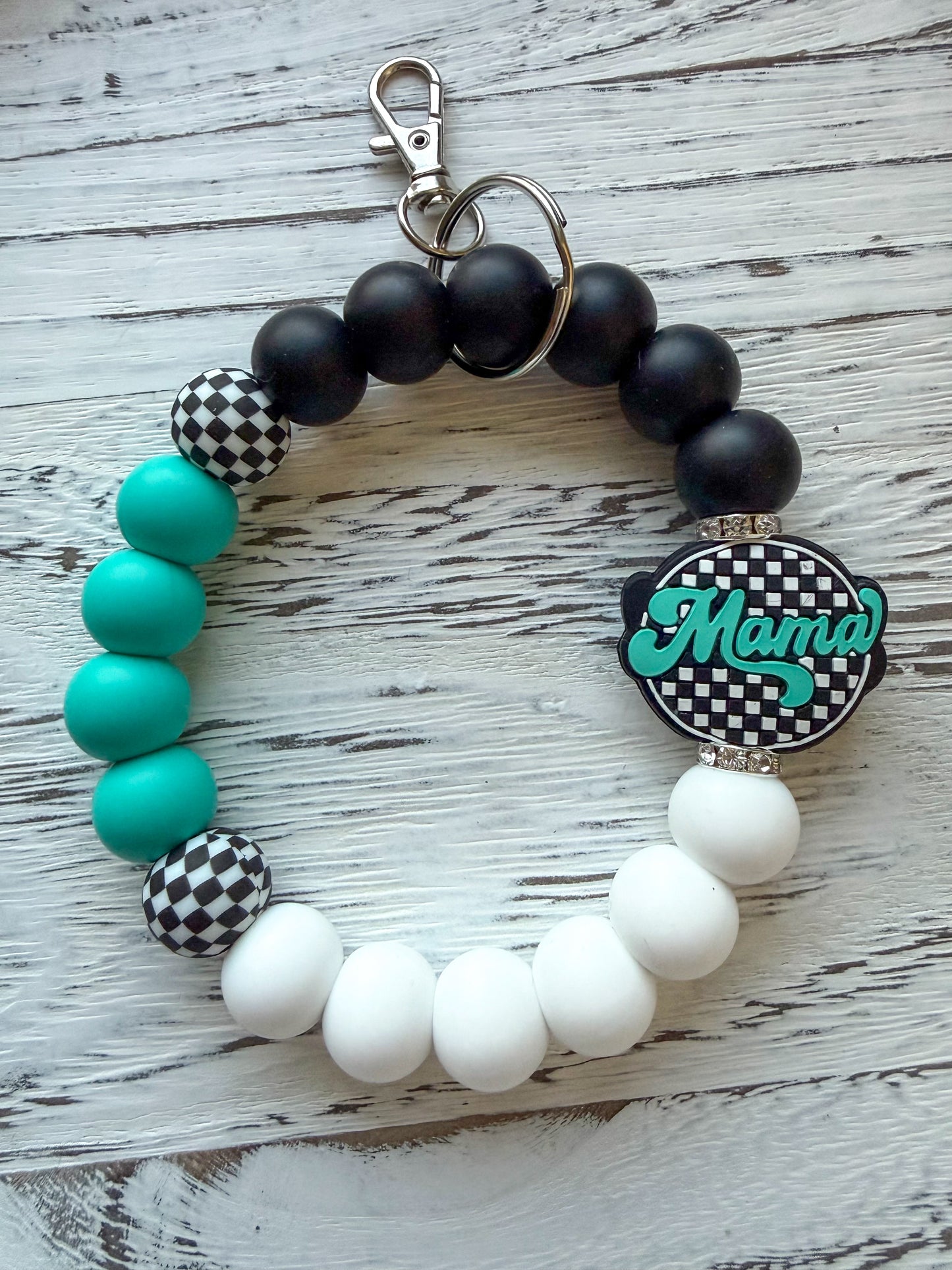 Checkered Mama Wristlet (Silicone Beaded Keychain Bracelet)